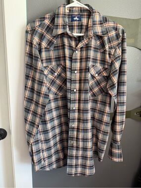 VINTAGE CHUTE 1 Men's Plaid Button-Down Shirt in Blue, Brown & Cream